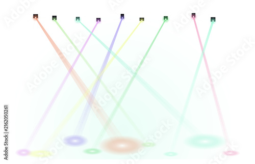 Multiple colored light beams projecting downward with soft circles of light on white background projection