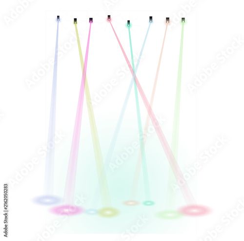 Seven colored light beams projecting downward with glowing spots on white background, projection