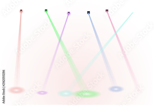 Five colored beams of light projecting downward on a white background, projection