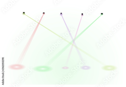 Five spotlights casting colored beams on a white background