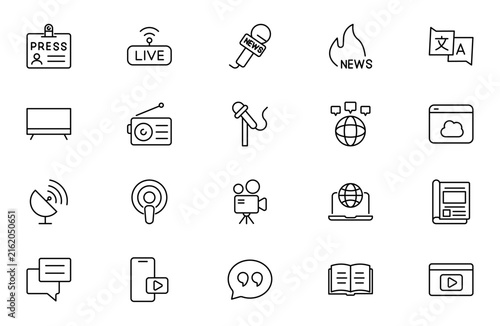 Media and News Line Icon Set for Journalism, Broadcasting, Newspaper, Digital Media, Breaking News and Communication Outline Vector Collection