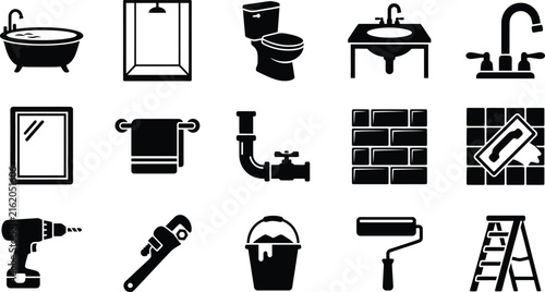Bathroom renovation and plumbing icons set - bathtub toilet sink shower repair tools silhouette with bathroom plumbing renovation interior construction maintenance hardware