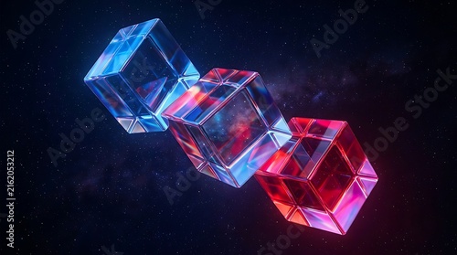 Abstract glowing glass cubes with red and blue neon light refraction on dark background