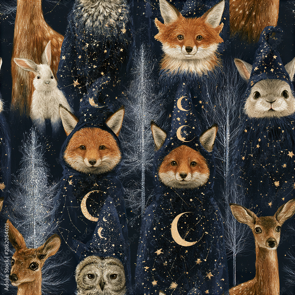 Naklejka premium Celestial forest animals pattern featuring foxes rabbits deer and owls in starry night robes creating magical charm