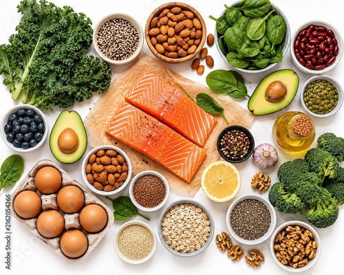 Fresh salmon fillets with healthy food ingredients on white background