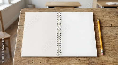 Open blank notebook with pencil on a vintage wooden school desk in classroom