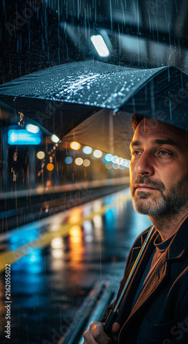 Middle-aged man holding black umbrella waiting on wet train station platform during rainy night with bokeh city lights
