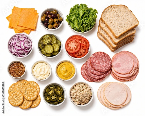 Fresh sandwich ingredients and deli meat slices arranged on a table