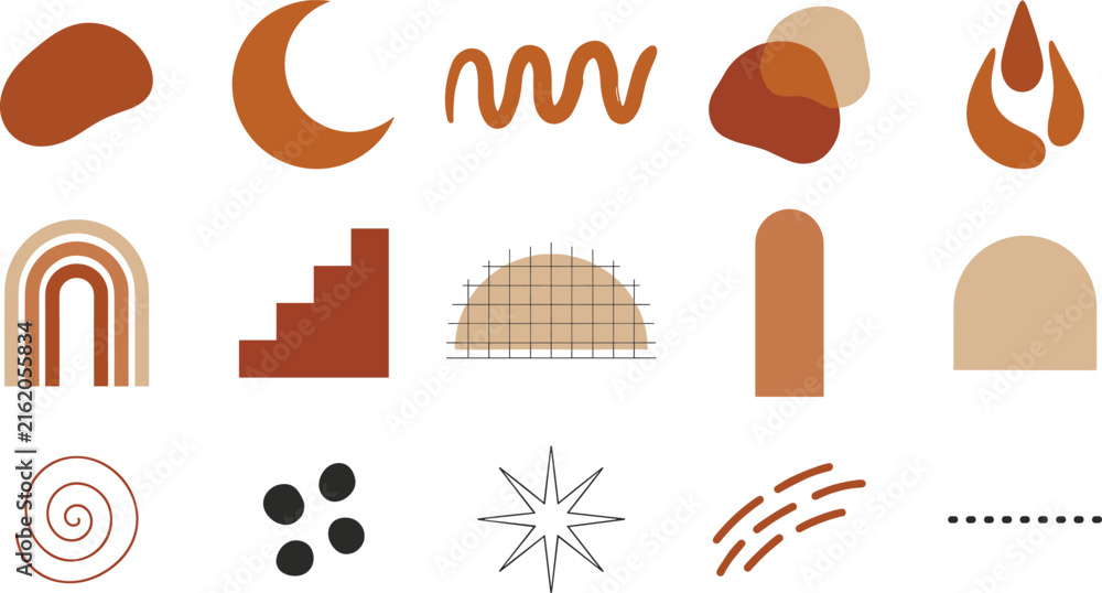 Naklejka premium Minimal Boho Abstract Design Element Collection with Organic Geometric Shapes, Contemporary Decorative Symbols, Modern Earth Tone Icons, and Creative Vector Set