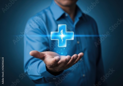 A person in a blue shirt holding a glowing medical cross icon with a caduceus symbol in their hand, representing healthcare and medical services