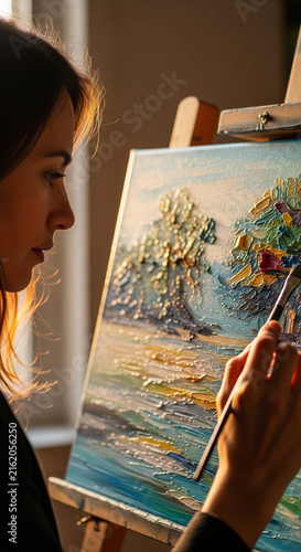 Young woman artist painting colorful textured landscape on canvas with brush on easel under warm sunlight