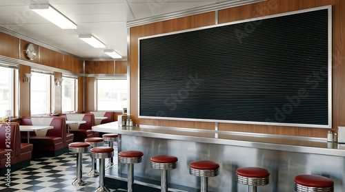 Retro diner interior with empty menu board and red stools for branding