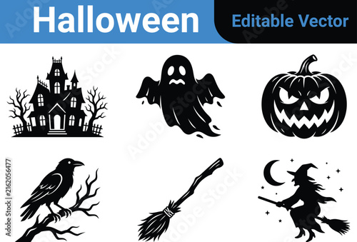 Принти на полотні Halloween haunted house ghost pumpkin raven broomstick witch flying at night vector
