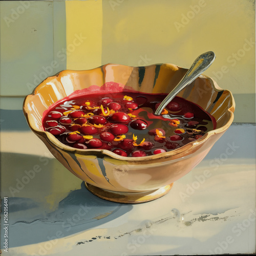 Vibrant fruit compote in a decorative bowl with a spoon on a colorful background