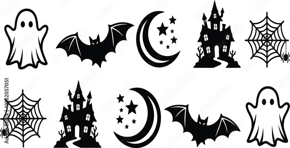 Fototapeta premium Halloween Icons Vector Set: Spooky Silhouettes of Ghosts, Bats, Haunted Houses, Spider Webs, and Moons - Perfect for Party Decorations, Web Design, and Holiday Graphic Projects