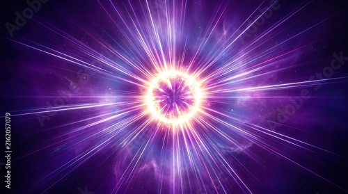Abstract purple light explosion with radial rays and glowing energy core background