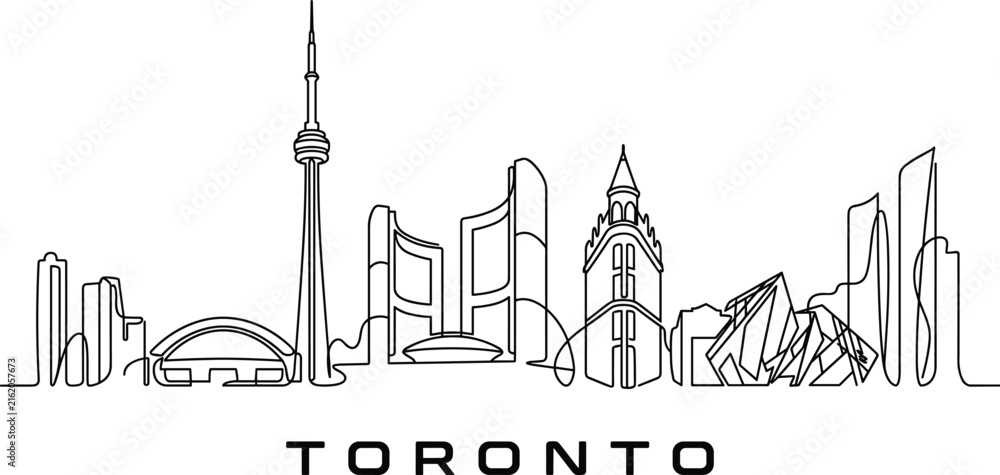 Fototapeta premium Toronto Canada Monoline Skyline Line Art with Iconic Landmarks and Modern Architecture Illustration