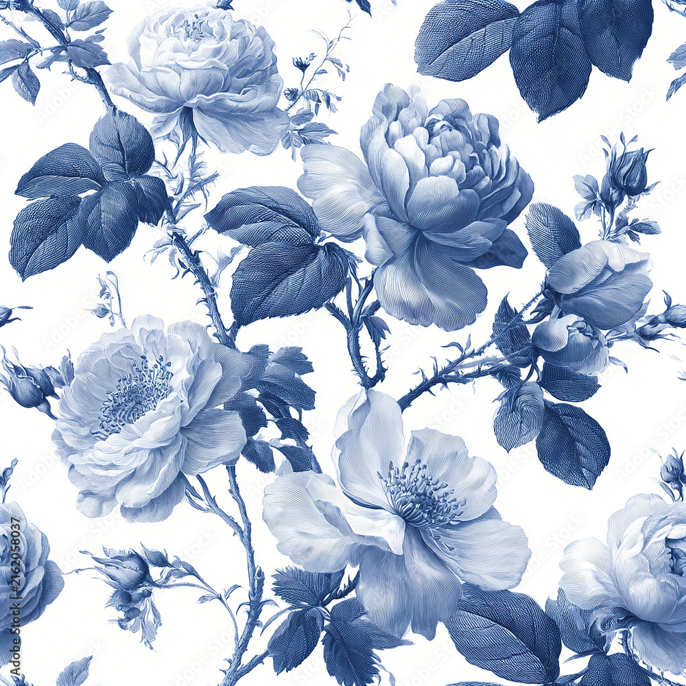 Fototapeta premium Classic botanical engraving pattern with elegant garden roses and detailed leaves in blue and white vintage style
