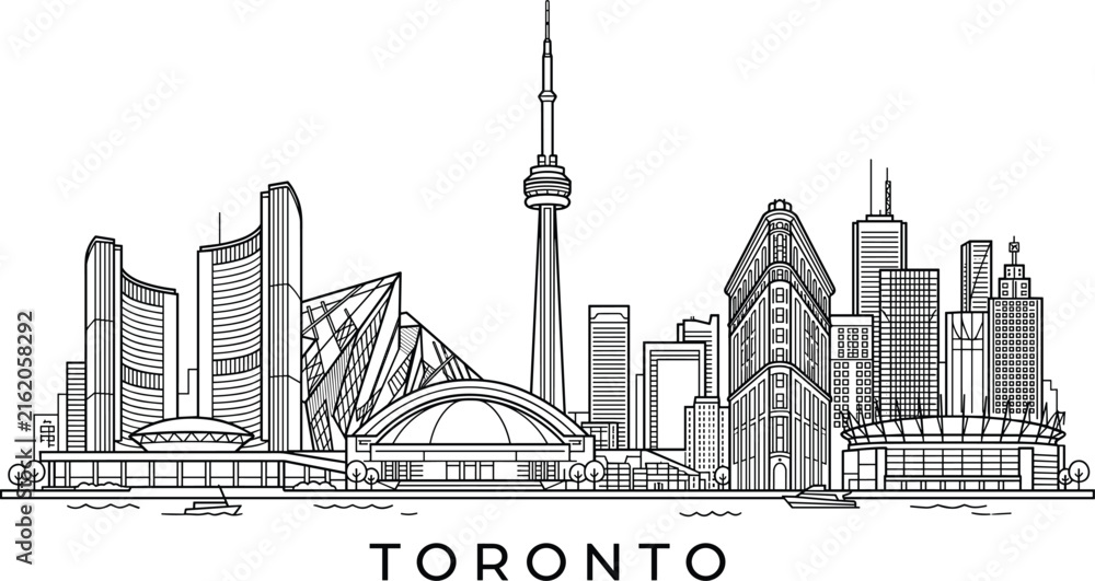 Naklejka premium Toronto Canada Skyline Line Art with Iconic Landmarks and Modern Architectural Cityscape Illustration