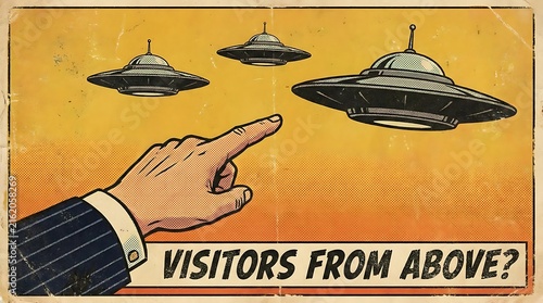 Retro comic book art showing a hand pointing at flying saucers in the sky.