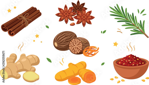 Aromatic Cooking Spices and Herbs Icon Set with Cinnamon Star Anise Ginger Turmeric Nutmeg Rosemary and Chili Powder Vector Elements