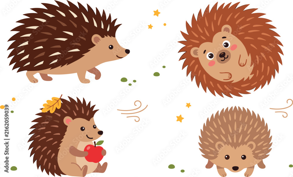 Obraz premium Cute Hedgehog Vector Character Set with Adorable Forest Animal Cartoons Holding an Apple and Curled up in a Ball for Autumn Graphic Designs