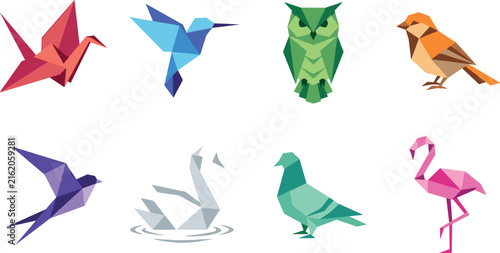 Geometric Low Poly Birds Vector Icon Set Featuring Origami Crane, Hummingbird, Owl, Sparrow, Swallow, Swan, Pigeon, and Flamingo for Modern Branding Designs