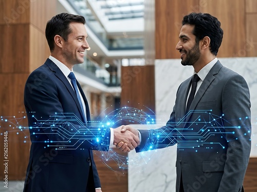 Businessmen shaking hands with digital network technology