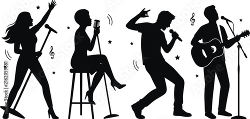 Live Music Band Silhouette Vector Icon Set with Singers Musicians Guitarist Performing on Stage for Concert Posters Event Promotions and Entertainment Industry Designs