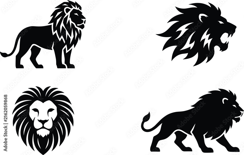 Fototapeta premium Lion logo and silhouette icons vector set featuring roaring wildcat profile head mascot standing majestic predator and stalking hunting lion stance