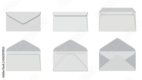 Collection of white paper envelopes in various opening styles for mail.