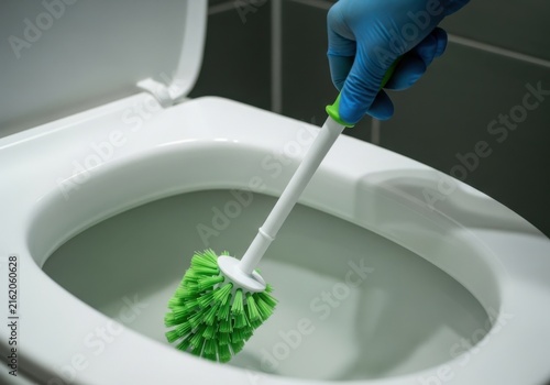 Closeup of a hand in a blue rubber glove cleaning a toilet bowl with a green brush