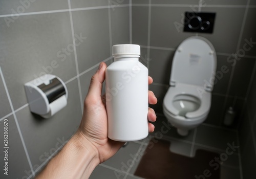 Closeup of a hand holding a white plastic pill bottle in a modern bathroom setting