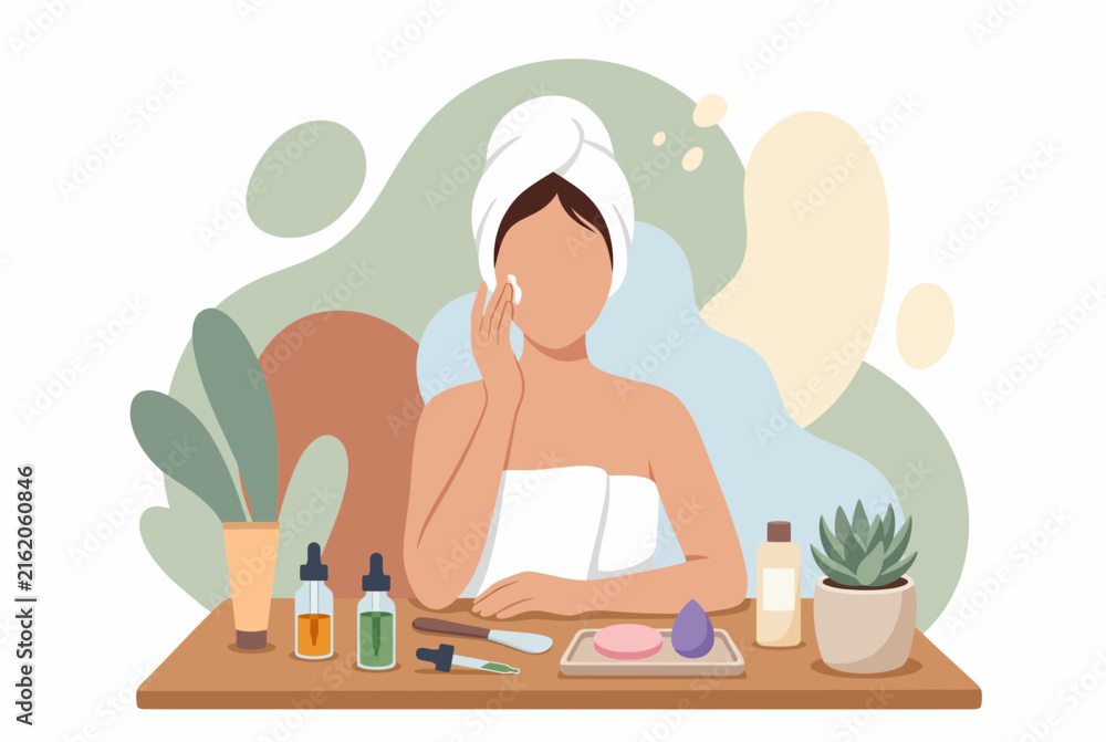 Fototapeta premium Woman applying skincare products at vanity table