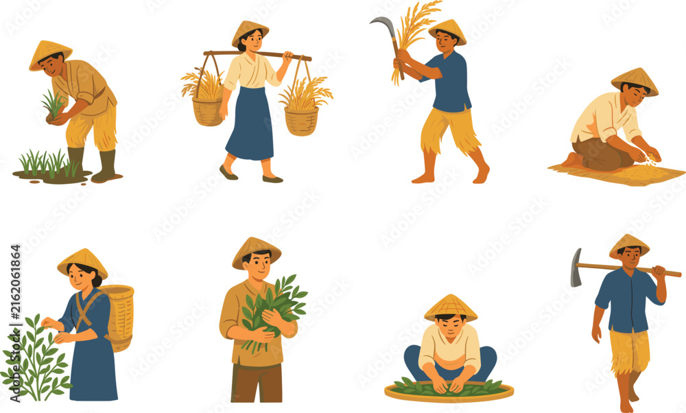 Fototapeta premium PrintAsian Rice Farmers and Agriculture Workers Set Character Illustration Vector for Traditional Farming, Harvesting, Village Culture, and Organic Food Production Designs