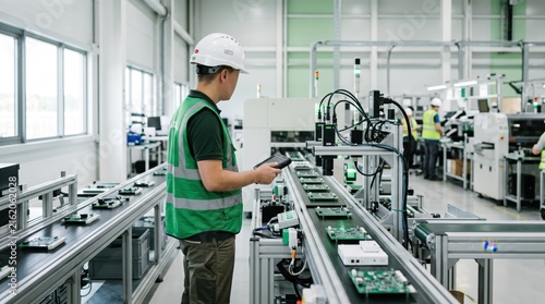 Male engineer in safety vest and hard hat inspecting electronic circuit boards on automated assembly line conveyor belt system, industrial manufacturing factory interior background