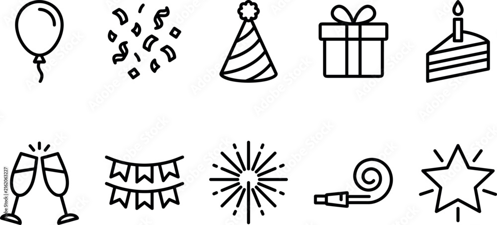 Fototapeta premium Birthday party celebration and event holiday line icon vector set featuring balloon confetti hat gift box cake slice champagne glasses bunting firework blower star elements for interface UI.
