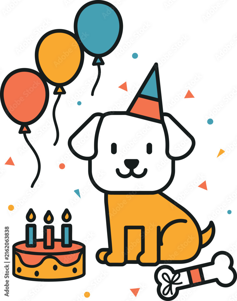 Fototapeta premium Cute puppy wearing a birthday hat with balloons and cake