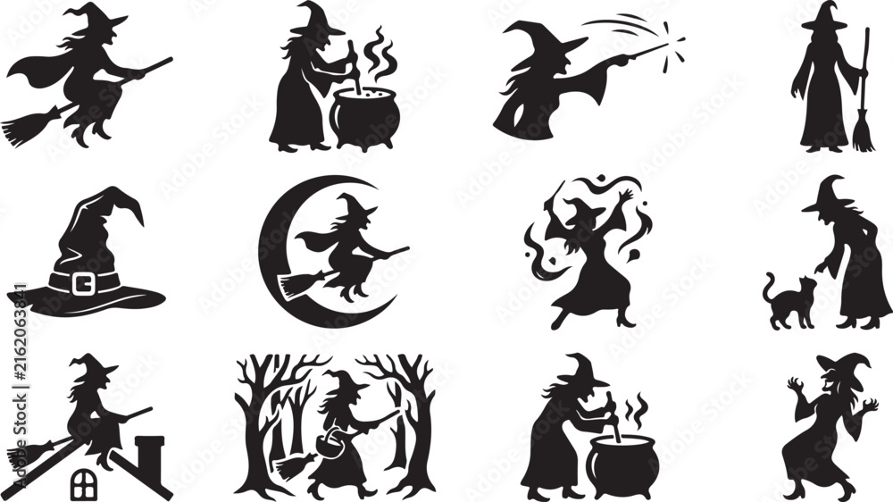 Fototapeta premium Collection of black silhouettes showing witches in various activities, including flying on broomsticks, brewing potions, and casting spells