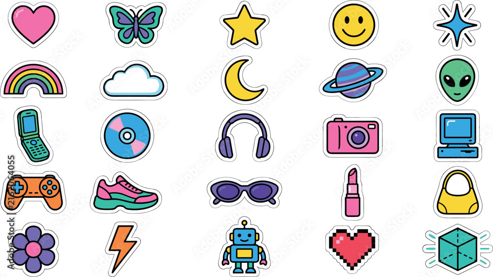 Fototapeta premium Cute Retro Y2K Sticker Vector Set Featuring Kawaii Nineties Flip Phone Alien Gamepad Camera and Tech Icons for Nostalgic Graphic Designs