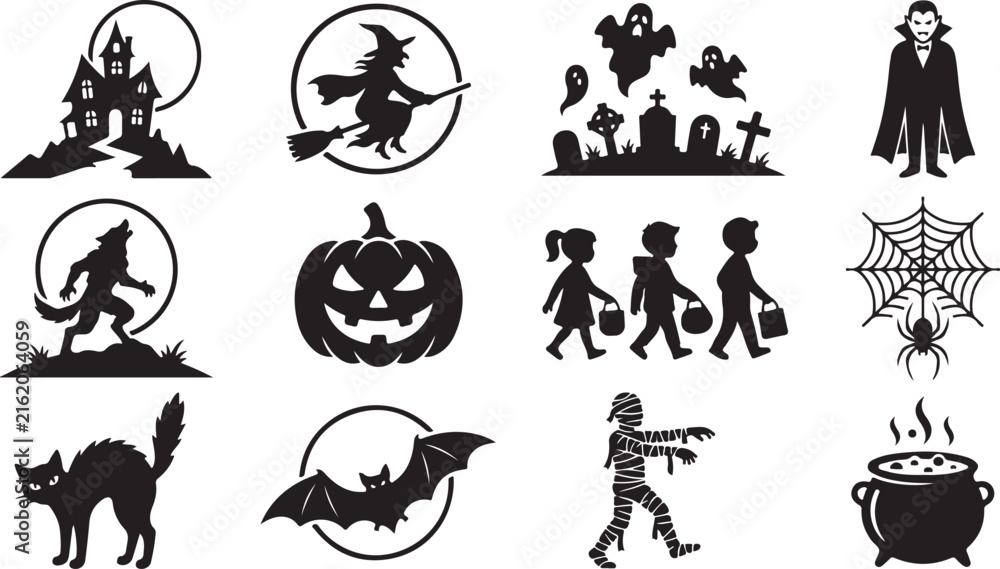 Fototapeta premium Halloween set featuring black silhouettes of witches, vampires, werewolves, pumpkins, mummies, bats, and haunted houses for projects