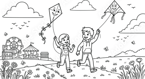 Fotografie Happy children coloring page vector of boy and girl running with kites near amus