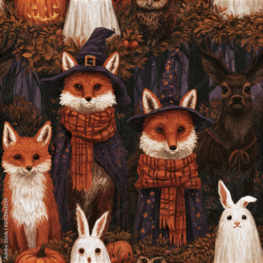 Naklejka premium Cozy autumn woodland pattern with foxes wearing witch hats and scarves surrounded by forest animals and pumpkins