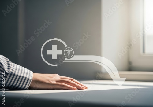Hand resting on a surface with a medical cross and caduceus symbol overlay