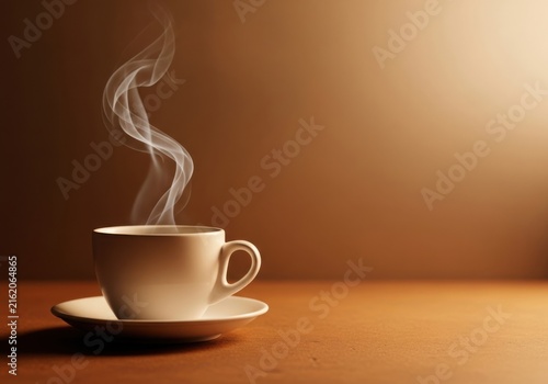 Steaming hot cup of coffee on a saucer against a warm brown background
