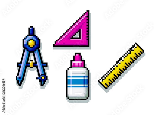 Set of four colorful pixel art school supplies including compass, ruler, glue and triangle.