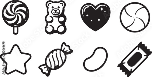 Colorful cartoon candy and toy icons set
