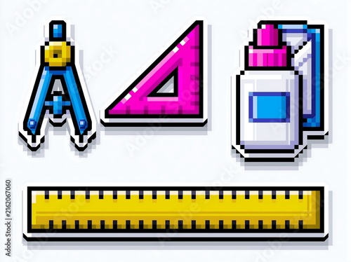 Pixel art school supplies set with compass, ruler, triangle and glue bottle icon collection