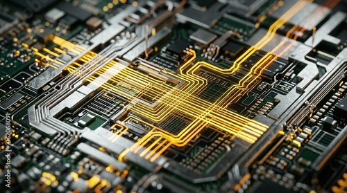 Intricate electronic circuit board with glowing data pathways, symbolizing advanced technology, digital connectivity, and the complexity of modern computing hardware design