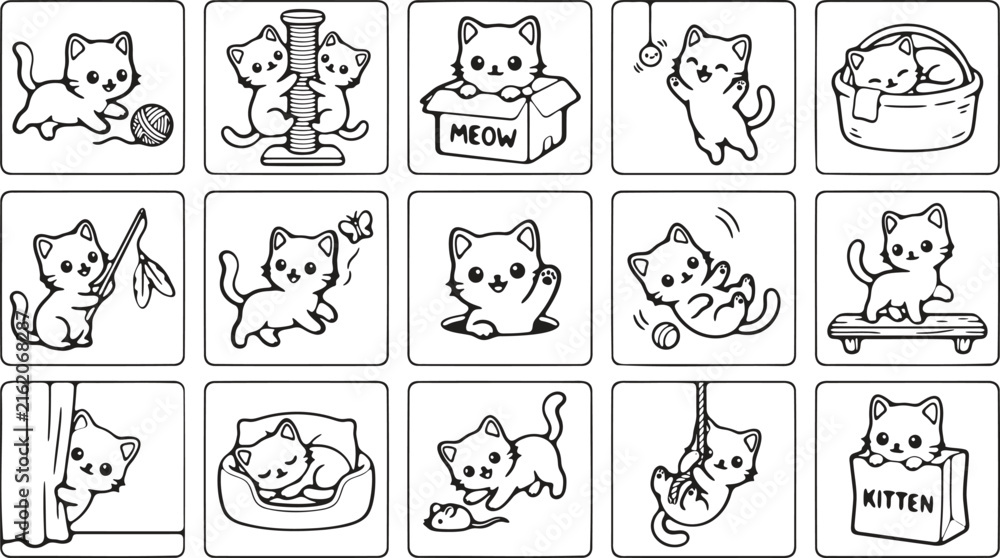 Fototapeta premium Cute cartoon kitten in different playful poses and activities vector illustration